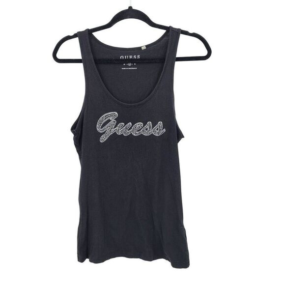 Y2k Guess Black Sleeveless Tank Top Sz M Rhinestone Log Spell Out Baddie Hip Hop - Picture 11 of 11